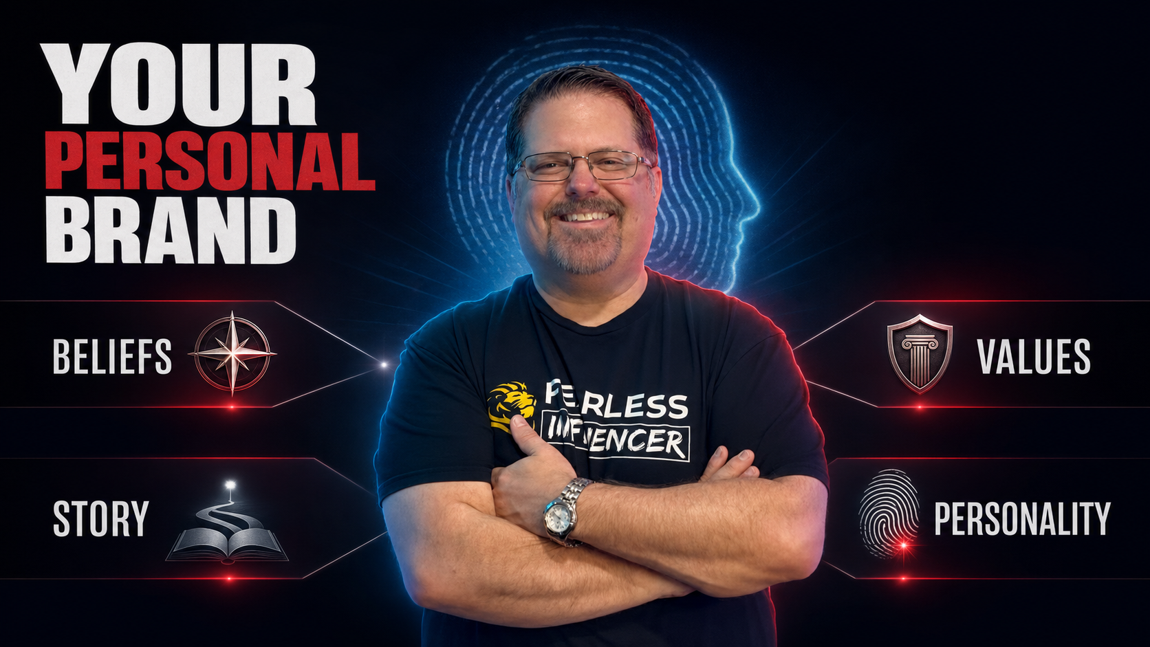 Smiling man with arms crossed in a dark studio, beside panels labeled Your Personal Brand: Beliefs, Values, Story, Personality.