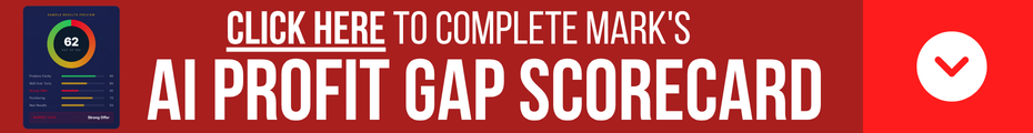 Red banner ad reading 'Click here to complete Mark's AI Profit Gap Scorecard' with a small dashboard card on the left.